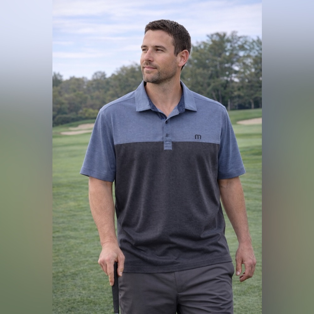 TravisMathew Slate Grey and Black Colorblock Performance Golf Polo